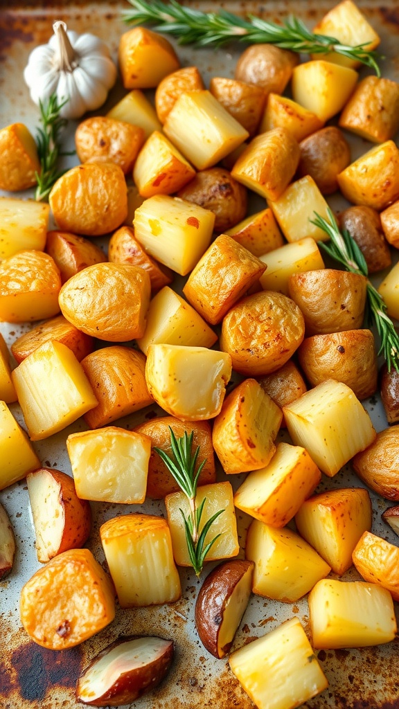 A tray of crispy roasted potatoes garnished with rosemary on a rustic baking sheet.